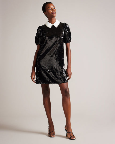 ZARELL-Dresses-ZARELL makes a statement. Adorned with glistening sequins, this shift dress takes glam to the next level. A contrasting collar embellished with diamantés completes the look. Mini shift dress All-over sequins Classic collar with diamanté trim Button fastening with keyhole cut-out Silvia is 5'11" / 1.8m and wears Grey in a Ted size 1- Ted Baker Romania